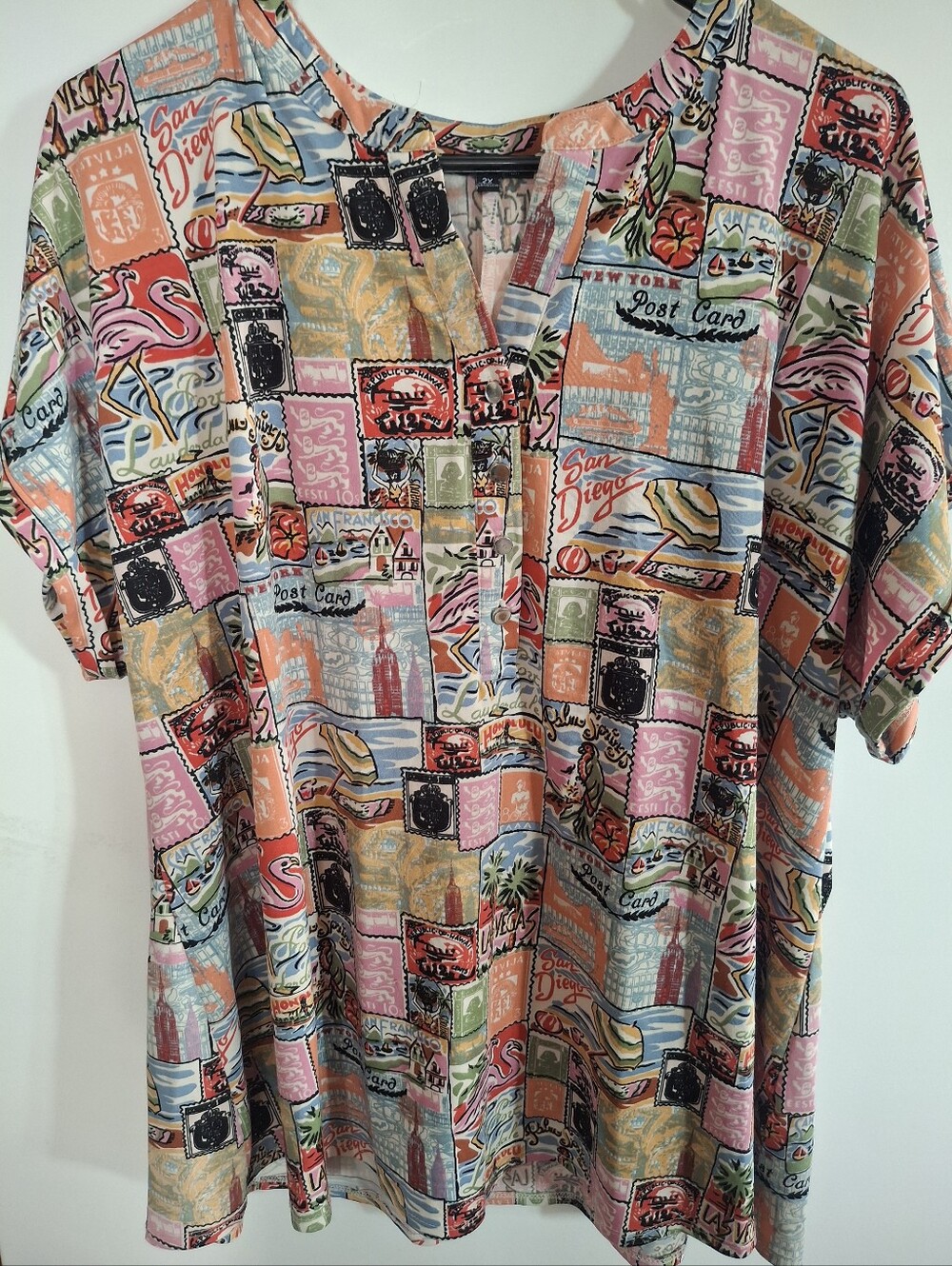 Ava & Grace Multicolor Postcard-Print Short Sleeve Shirt